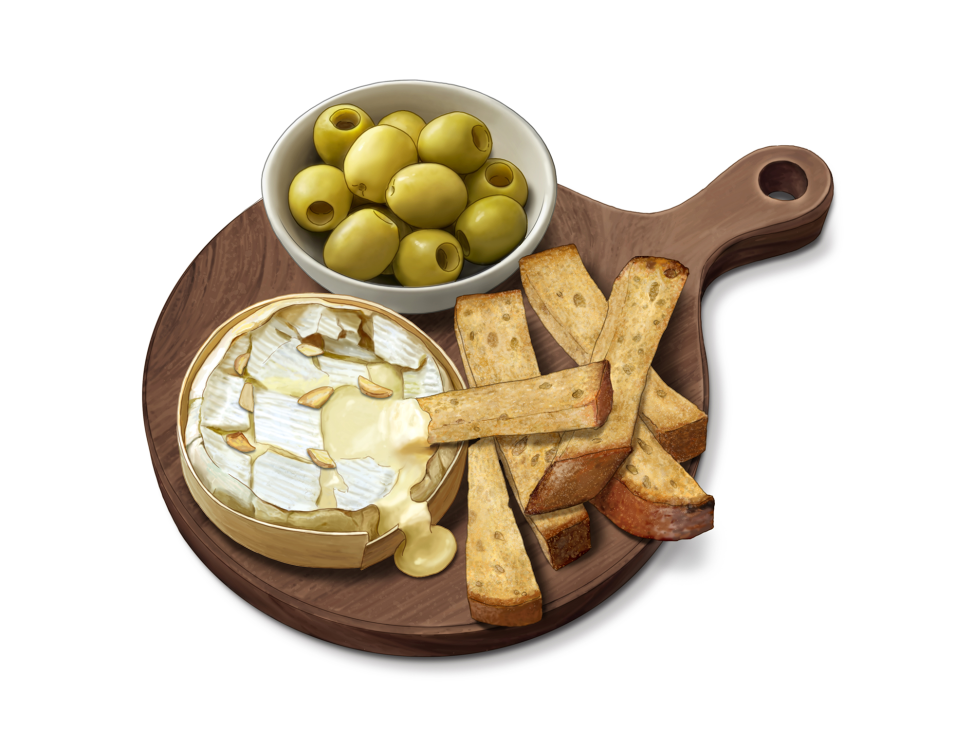 Baked camembert in wooden box with golden truffle croutons and green olives on a white plate