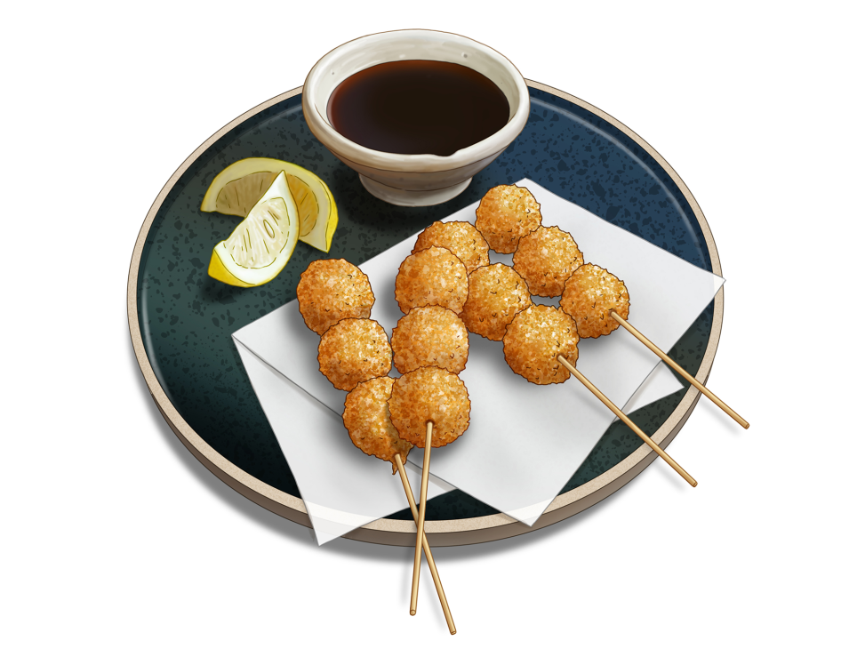 Golden-brown kushikatsu quail eggs on bamboo skewers arranged on a white plate