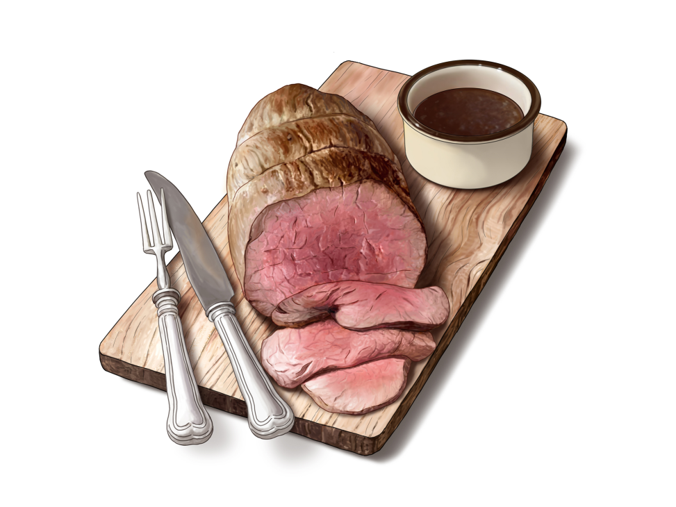 Sliced roast beef on wooden cutting board with carving knife, fork, and small cup of dark sauce