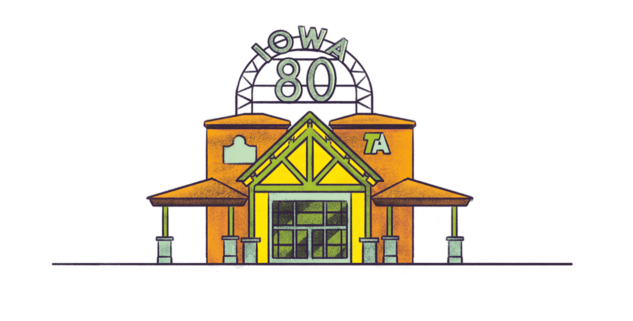 Illustration of Iowa 80 Truckstop with orange exterior, yellow entrance, and retro signage.