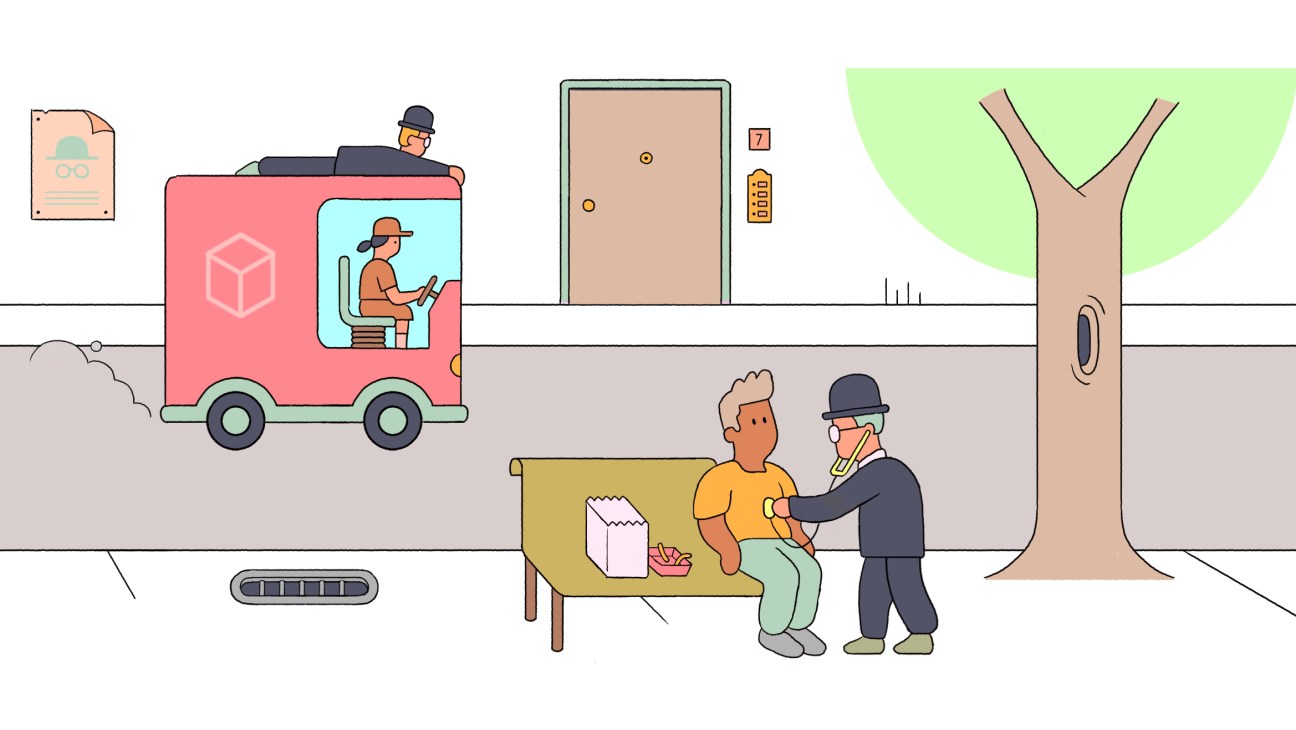 Illustration of a delivery worker and person on a bench sharing a meal outdoors with a delivery truck nearby.