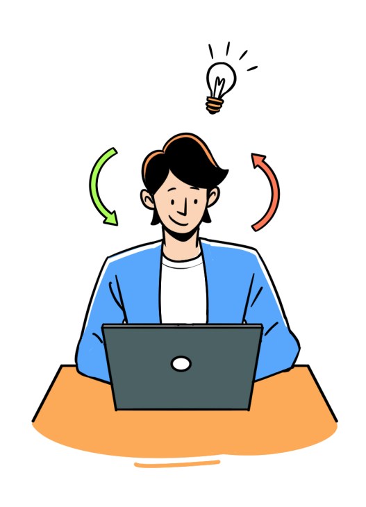 Illustration of a person at a laptop with a lightbulb and circular arrows above their head, symbolizing ideas and innovation.