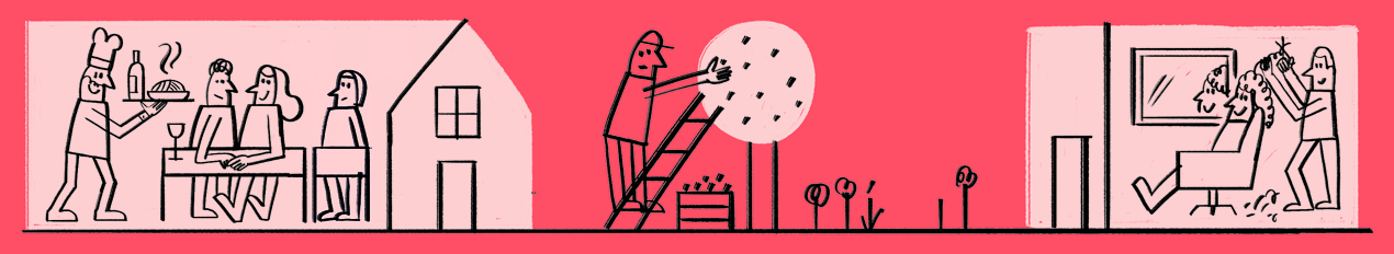 Line illustration showing entrepreneurs in various business scenarios including cooking, gardening, and office work.