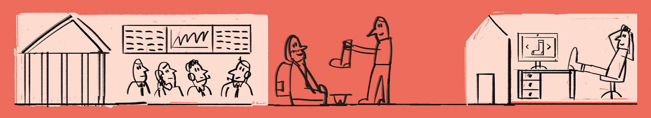 Line drawing illustration of three figures in an office setting with building, charts, and desk.
