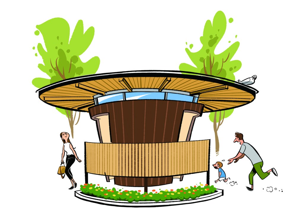 A well-designed modern public toilet facility with clean architectural lines in an urban setting