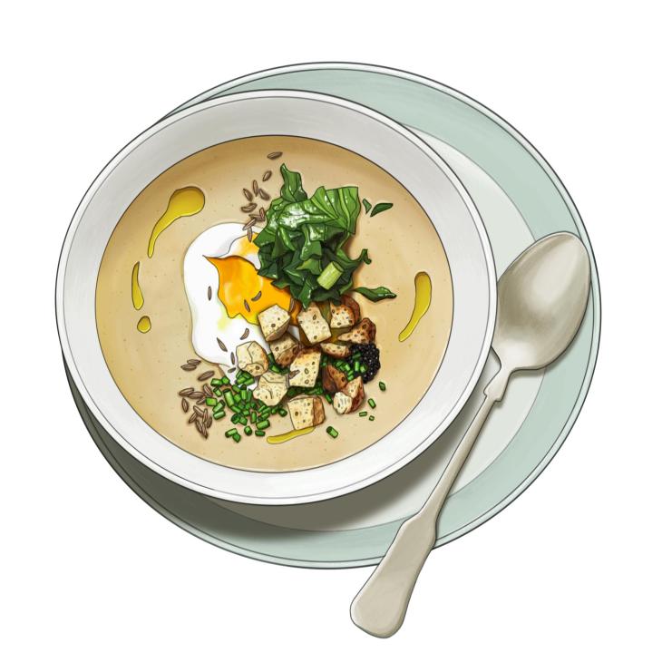 Illustrated bowl of bread soup with poached egg, wilted greens, croutons and garnish on saucer with spoon