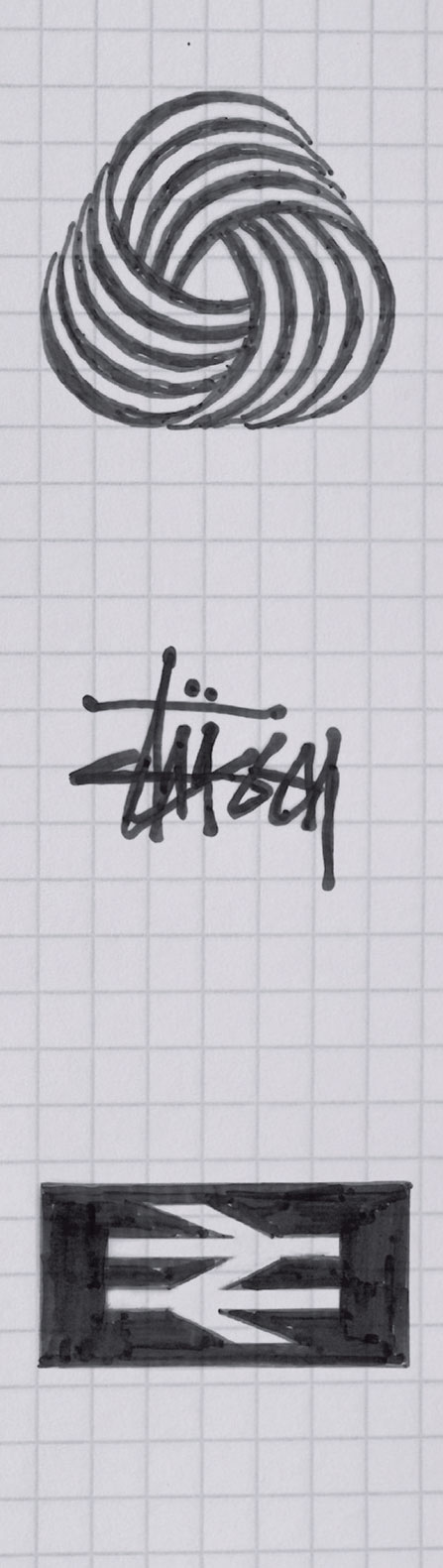 Hand-drawn logo sketches including a spiral geometric shape, Stüssy signature, and National Rail logo on grid paper.