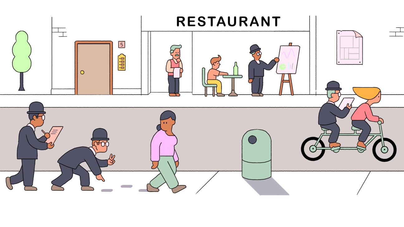 Illustration of a street scene with a restaurant storefront and various people walking and cycling.