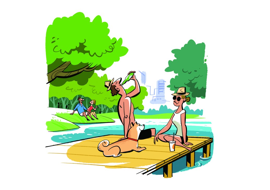 People swimming and relaxing by an urban waterfront with clean water and city buildings in background