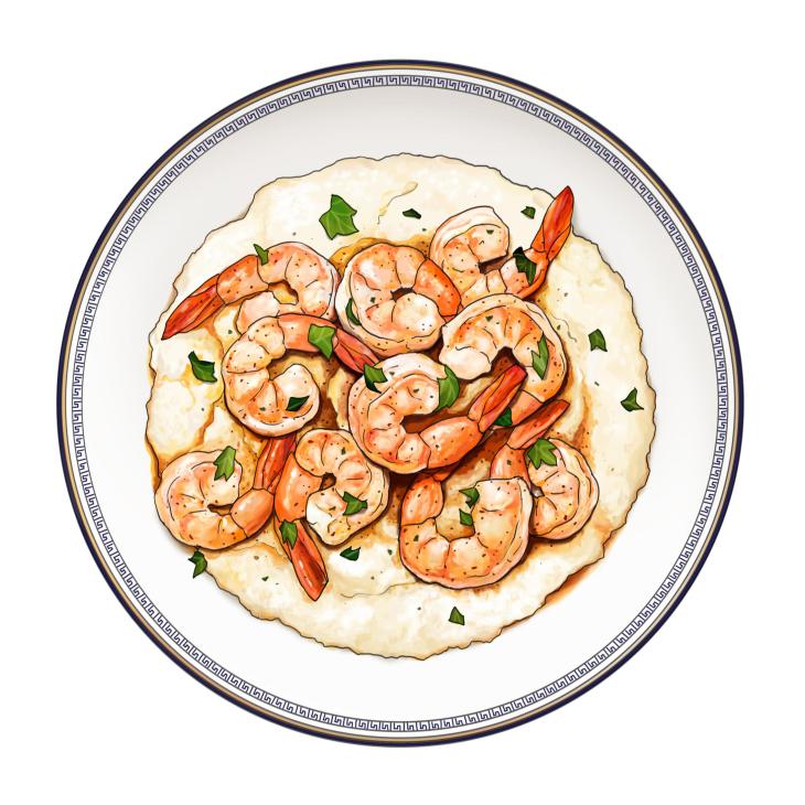 Grits with garlicky prawns served on a decorative white plate with Greek key border pattern