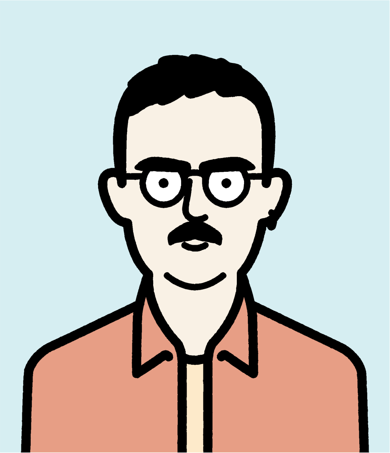 Illustration of a man wearing glasses and a coral shirt against a light blue background.