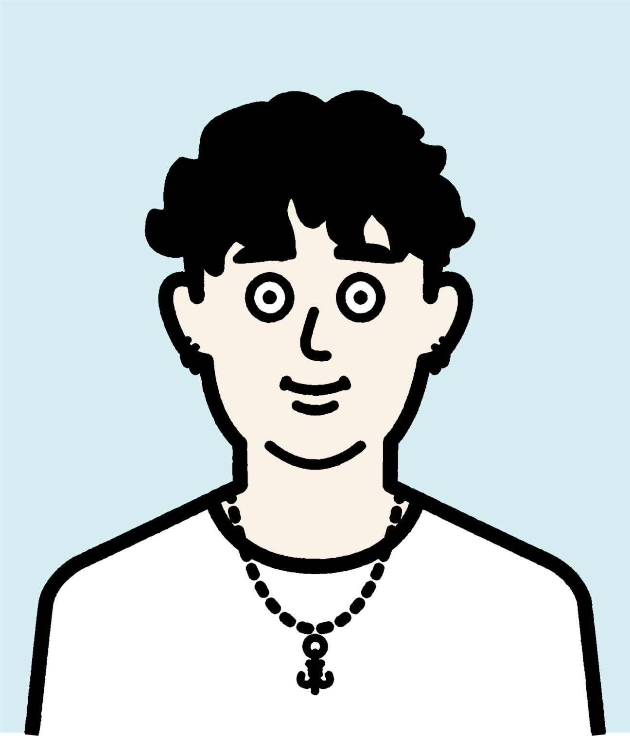Illustration of a person with dark wavy hair and a necklace wearing a white shirt against a light blue background.
