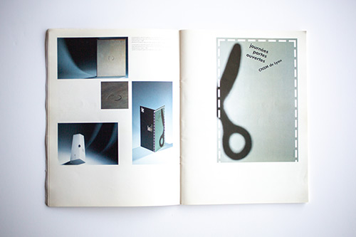 Open book pages displaying print design materials and photographs from Lyon's Conservatory of Music.