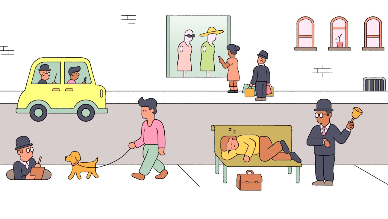 Illustration of a street scene with people shopping, walking, and relaxing on a bench.