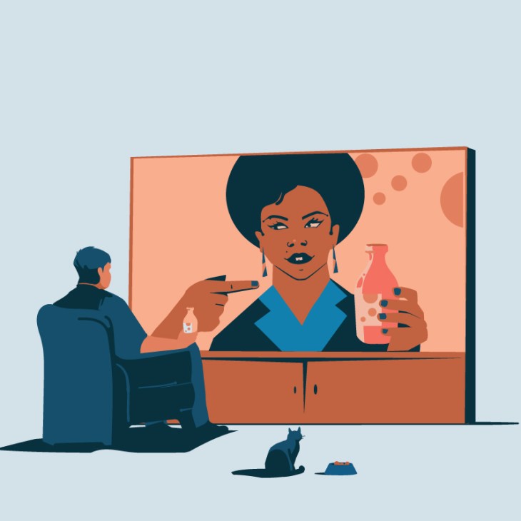 Illustration of a person sitting on the floor watching a large screen displaying a woman's portrait with a cat and bowl nearby.