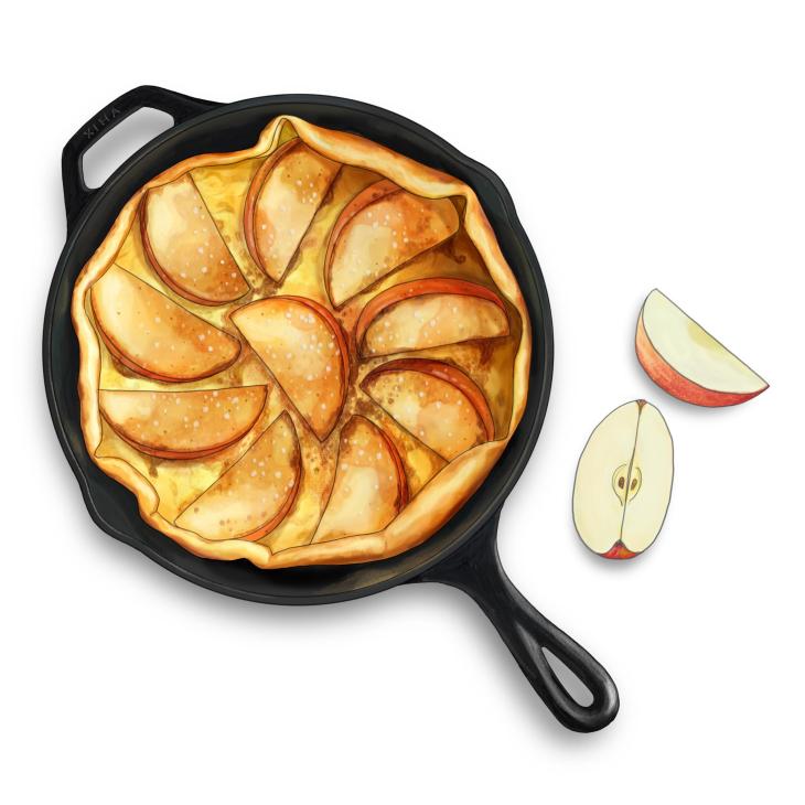 Dutch caramel apple pancake with golden apple wedges arranged in a cast iron skillet