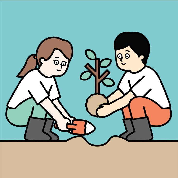 Illustration of two people planting a seedling together in soil against a turquoise background.