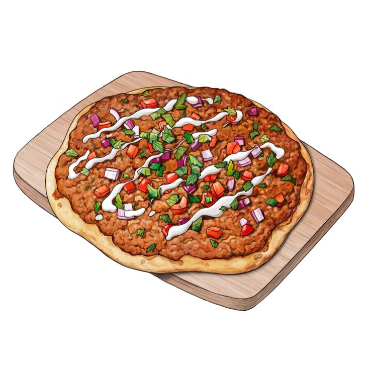 Turkish-style pizza with minced lamb, herbs, and yogurt sauce drizzled on top, served on a wooden cutting board