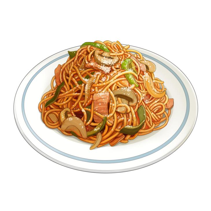 Japanese-style Napolitan pasta with spaghetti, vegetables, and mushrooms on a white plate