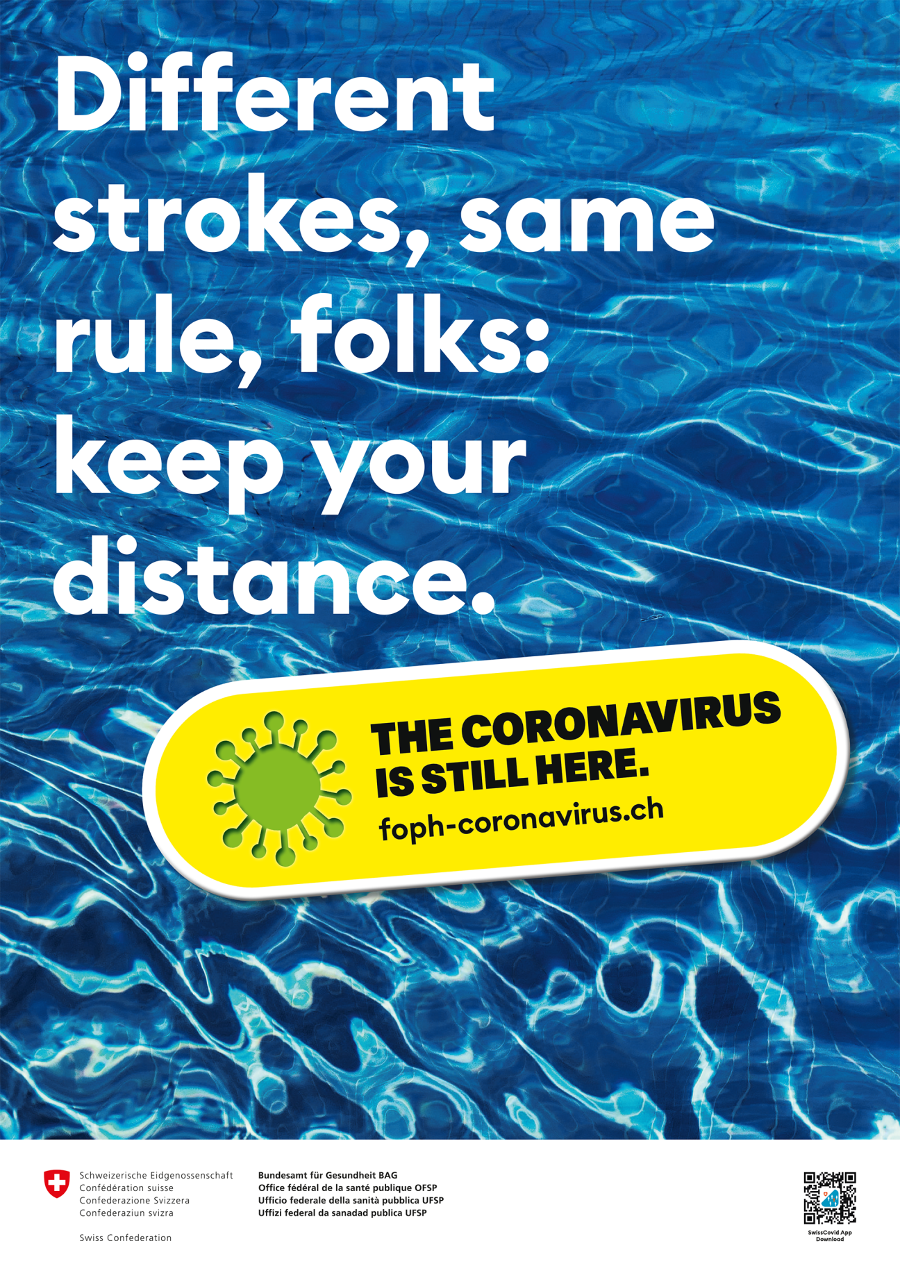 Swiss coronavirus awareness poster with blue water background, white text about keeping distance, and yellow badge with green virus icon stating 'The coronavirus is still here.'
