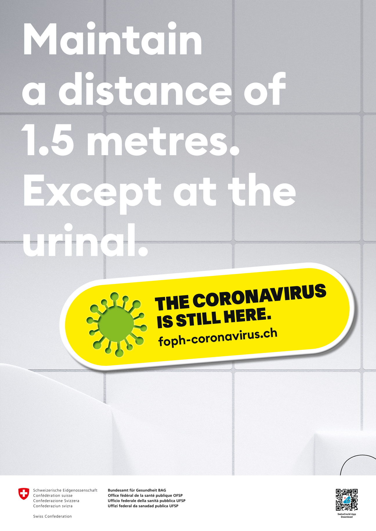 Swiss coronavirus awareness poster with yellow sticker showing green virus icon and text about maintaining distance, displayed on tiled wall.
