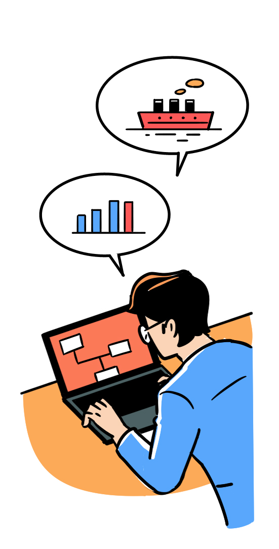 Person working at laptop with thought bubbles showing ship and bar chart illustrating business expansion concepts