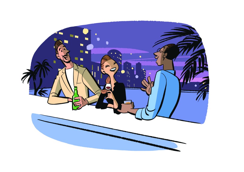 A lively nighttime scene with people dining and socializing at outdoor venues with warm lighting