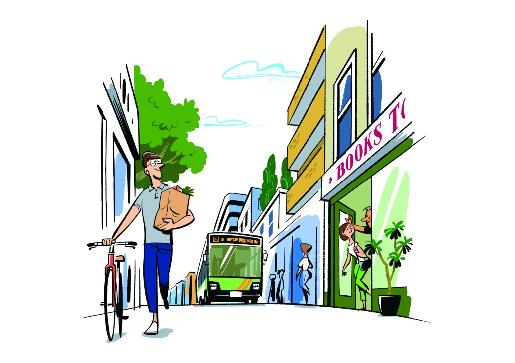 A well-designed street showing pedestrians, cyclists, and cars sharing space harmoniously with clear lane markings