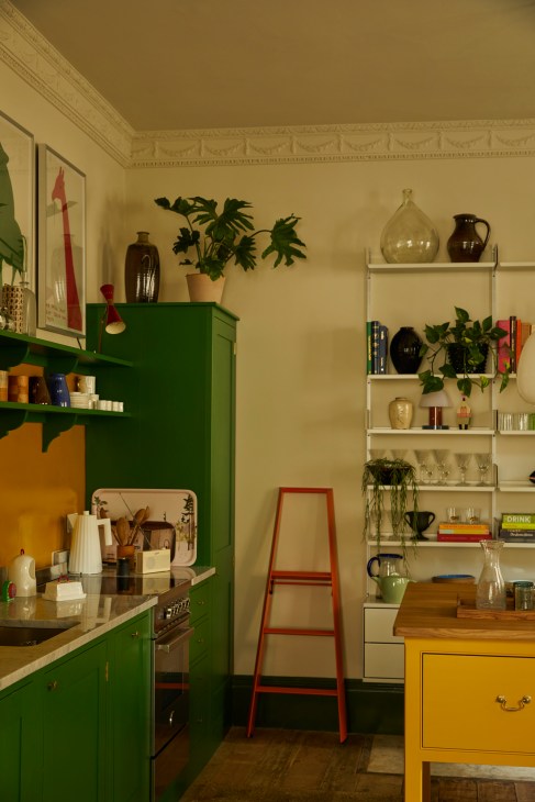 Kitchen with green cabinets, white shelving unit, plants, pottery and vintage design objects in Georgian townhouse