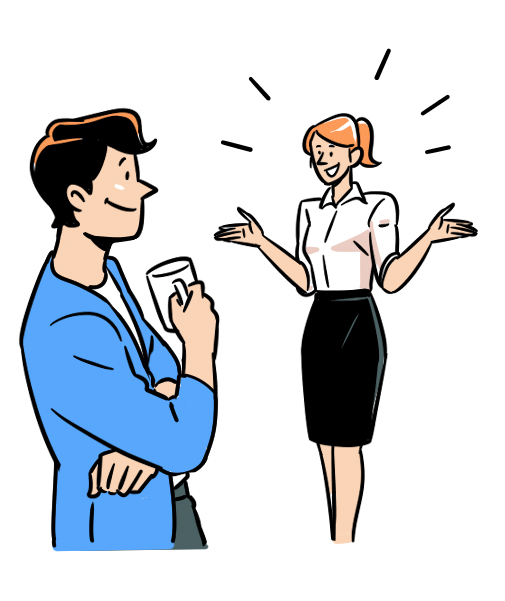 Stylized illustration of a man in blue shirt holding coffee cup speaking with a woman in business attire