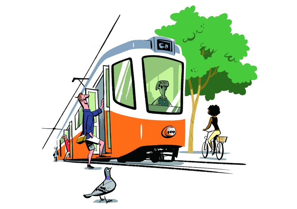 A modern tram with distinctive branding traveling through a city street with mixed traffic