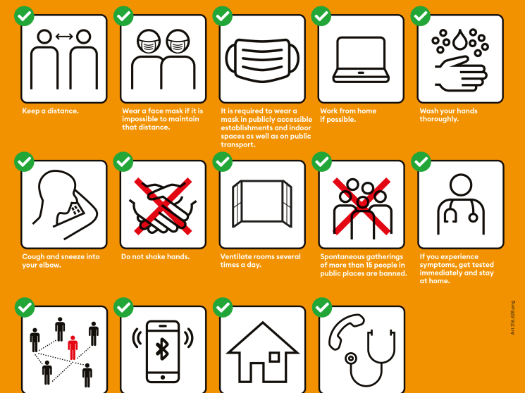 Swiss coronavirus awareness poster emphasizing the continued importance of safety measures