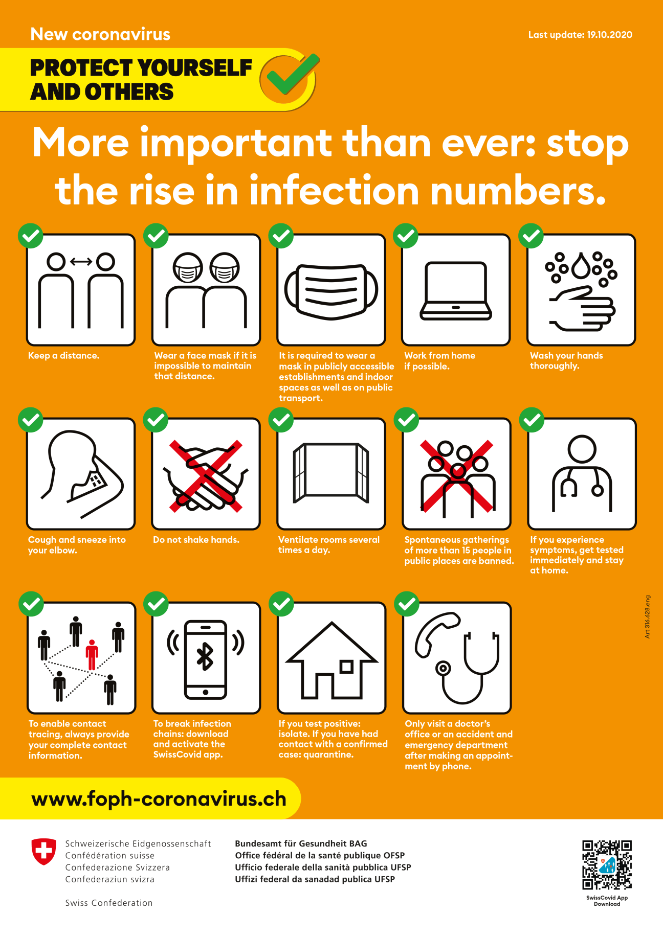 Swiss coronavirus public health poster with orange background displaying 14 pictograms showing preventive measures including distancing, masks, hand washing, and isolation.
