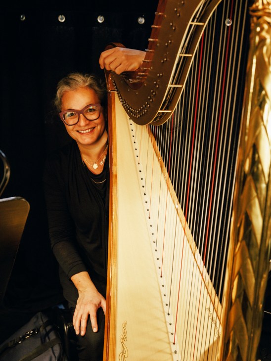 Smiling harpist in glasses and black top positioned behind large concert harp with numerous strings