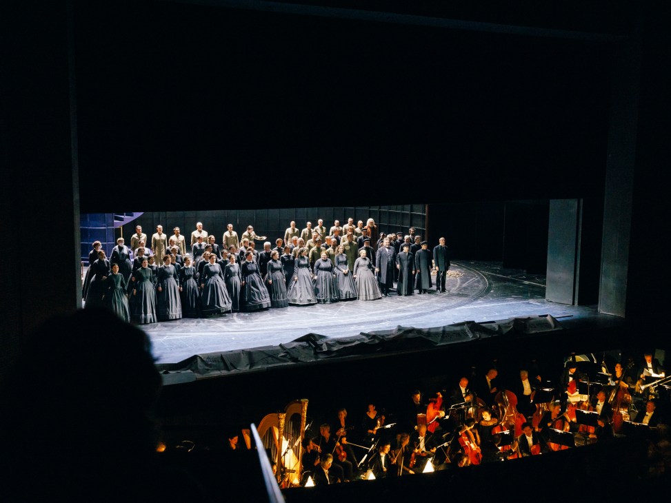 Performance of Verdi's opera Nabucco on stage at the Deutsche Oper with large chorus in period costumes