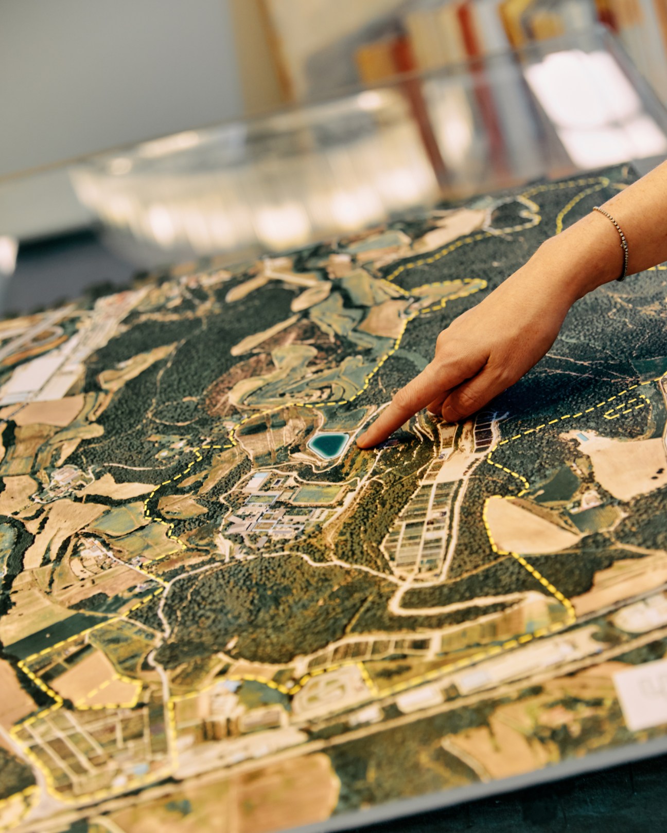 A hand pointing at a detailed topographic map with green forests, beige fields, and gold outlines.