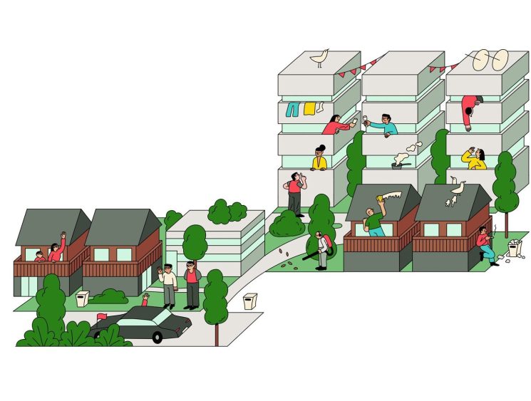 Illustration showing contrast between single-family homes and high-rise apartment building with residents visible