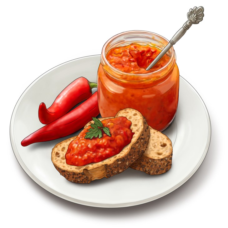 Illustration of ajvar spread on seeded bread with red peppers and a jar on a white plate