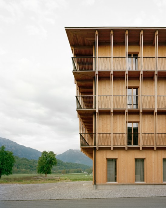 Küng Holzbau office and gallery building constructed entirely from moon wood timber without metal or glue