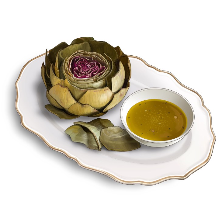 Cooked artichoke with purple center served on white plate with small bowl of vinaigrette dipping sauce