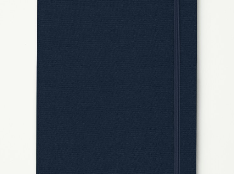 Leuchtturm1917 x Monocle large B5 softcover linen notebook in navy with elastic band and ribbon bookmark.