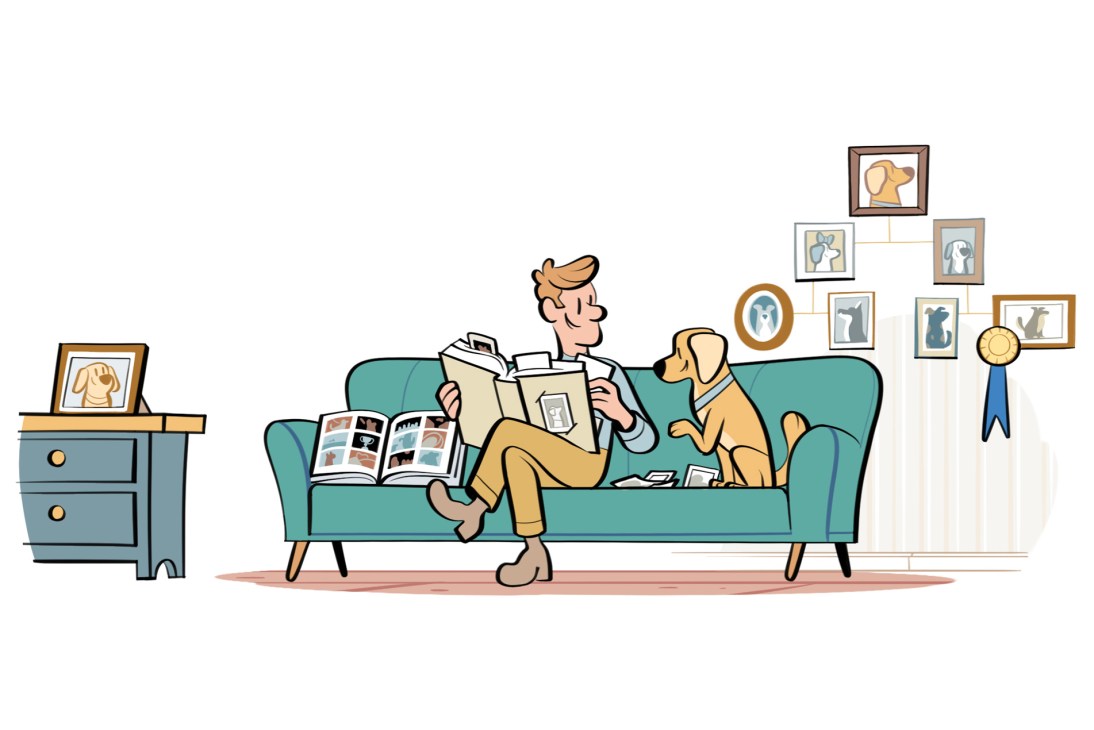 Man sitting on couch reading newspaper with golden retriever beside him, surrounded by framed pet photos on wall