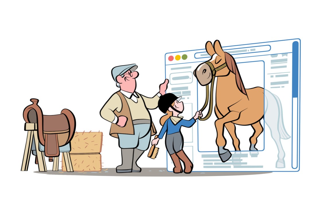 Illustration of man and child with horse emerging from computer screen, representing digital pet marketplace platform