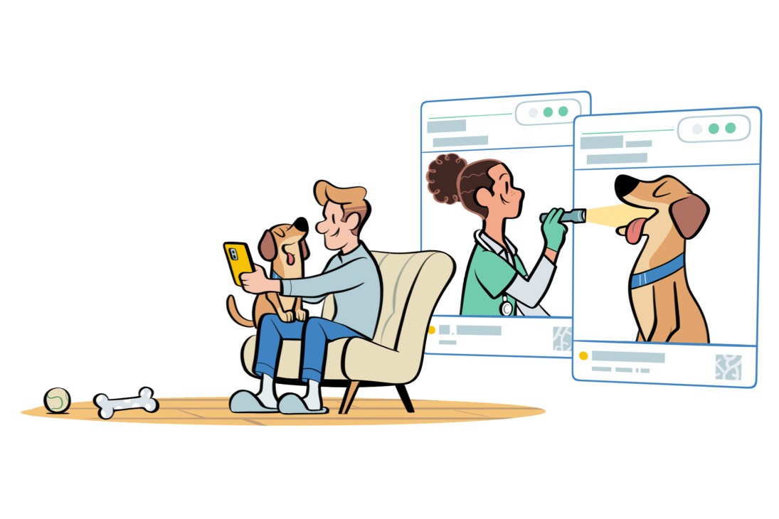A man in a chair holding a small dog and phone while a veterinarian appears on a computer screen for an online consultation