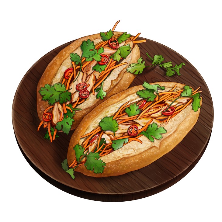 Two Vietnamese banh mi sandwiches on crusty baguettes topped with pickled carrots, cilantro, and chili slices