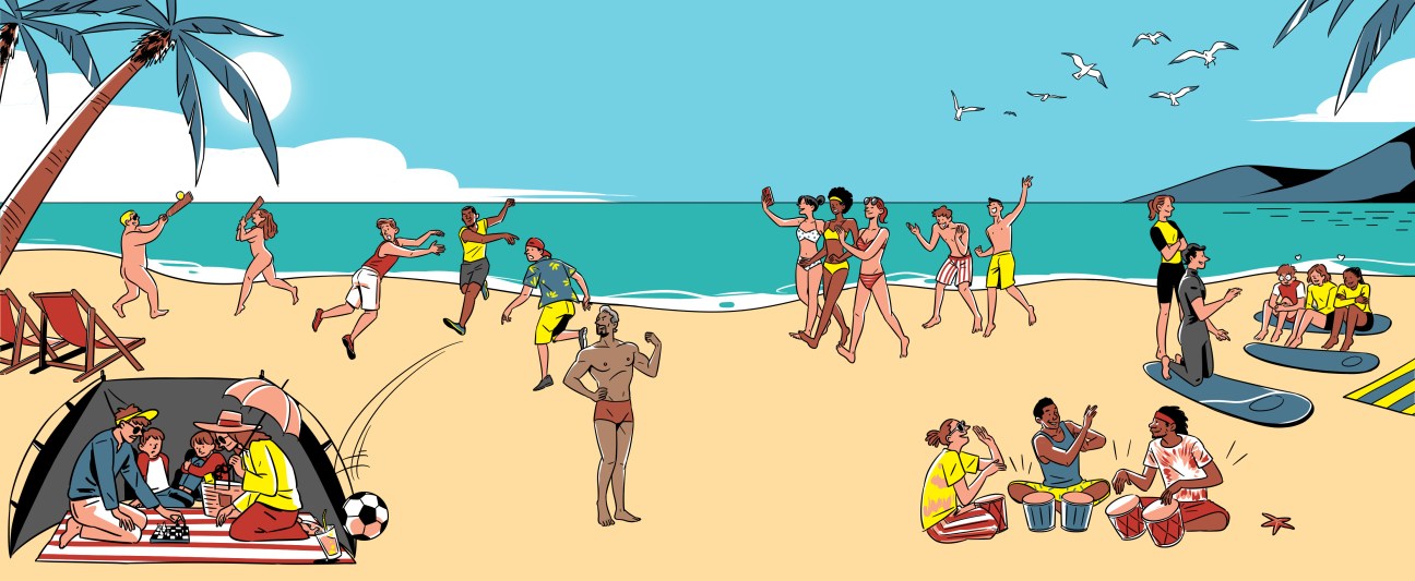 Illustration of diverse beachgoers including families, naturists, teenagers, and surfers enjoying various activities on a sandy beach.