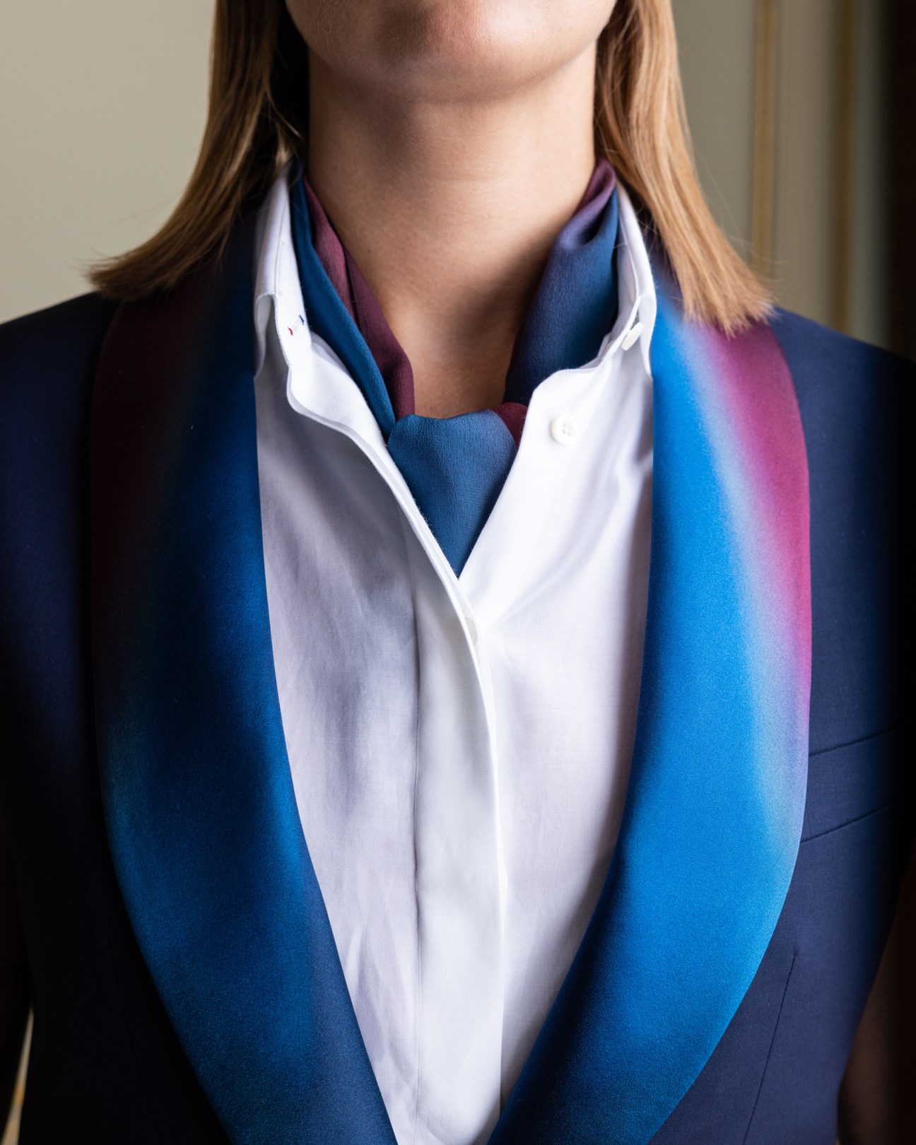 Close-up of the elegant shawl collar on the Berluti Olympic uniforms