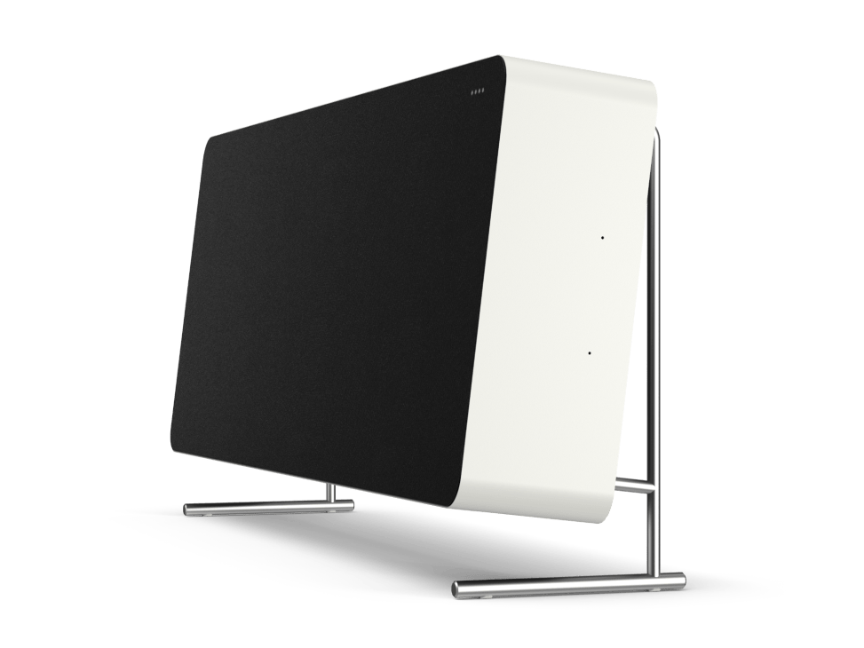 White cylindrical Braun LE01 smart speaker with black display panel on metal stand