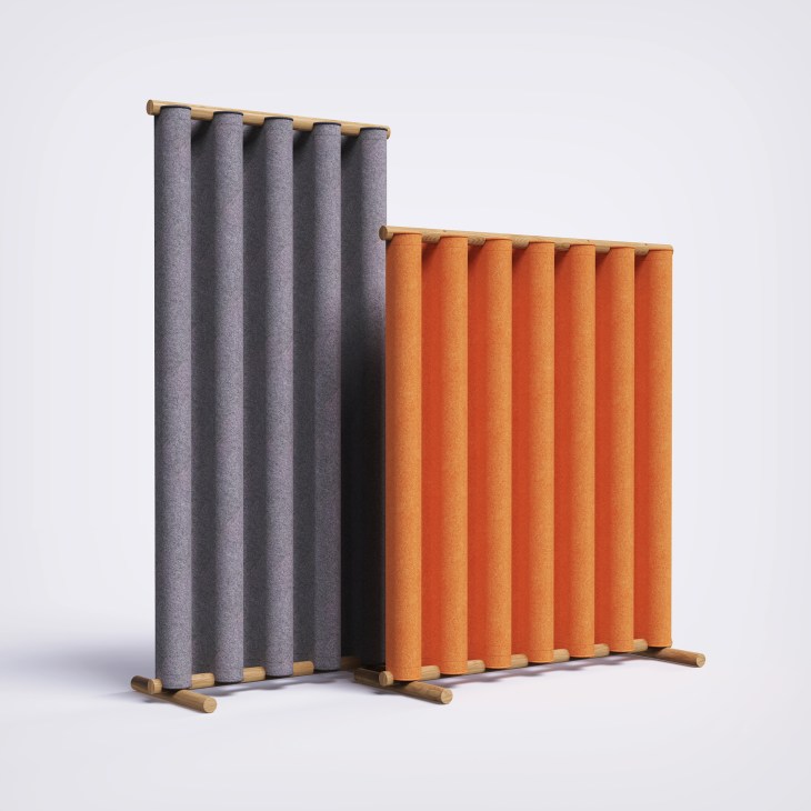 Woven textile room divider screen with wave-like vertical strips in earth tones