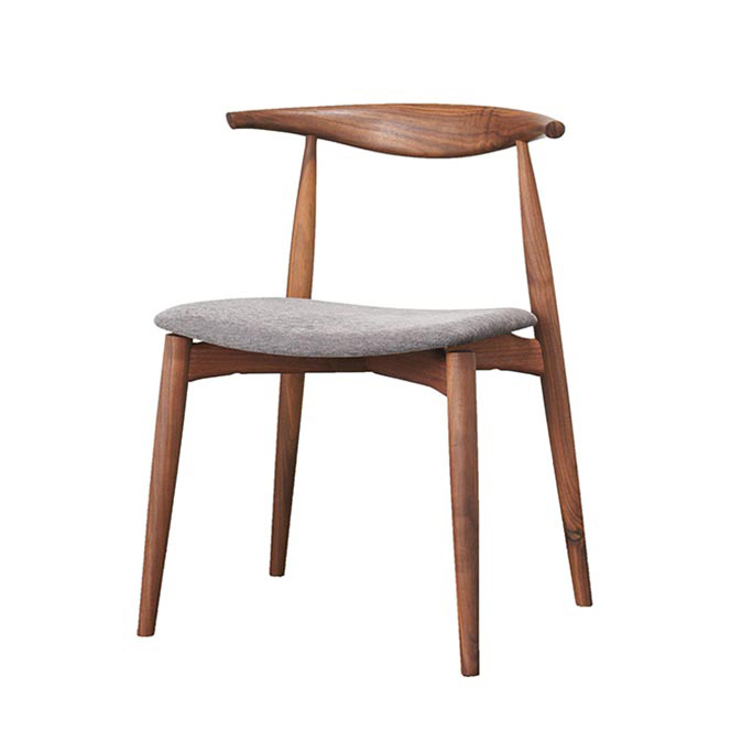 Wooden chair with curved backrest and grey upholstered seat by Area designer Go Noda.